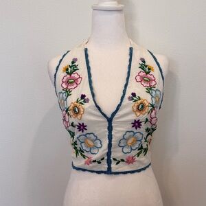 Free People Lucy Mae Floral Embroidered Halter Crop Top Festival Boho Medium